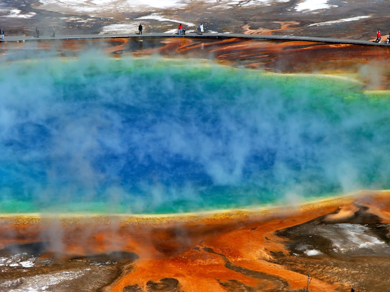 Vibrant aerial shot of Grand Prismatic Spring in Yellowstone National Park.